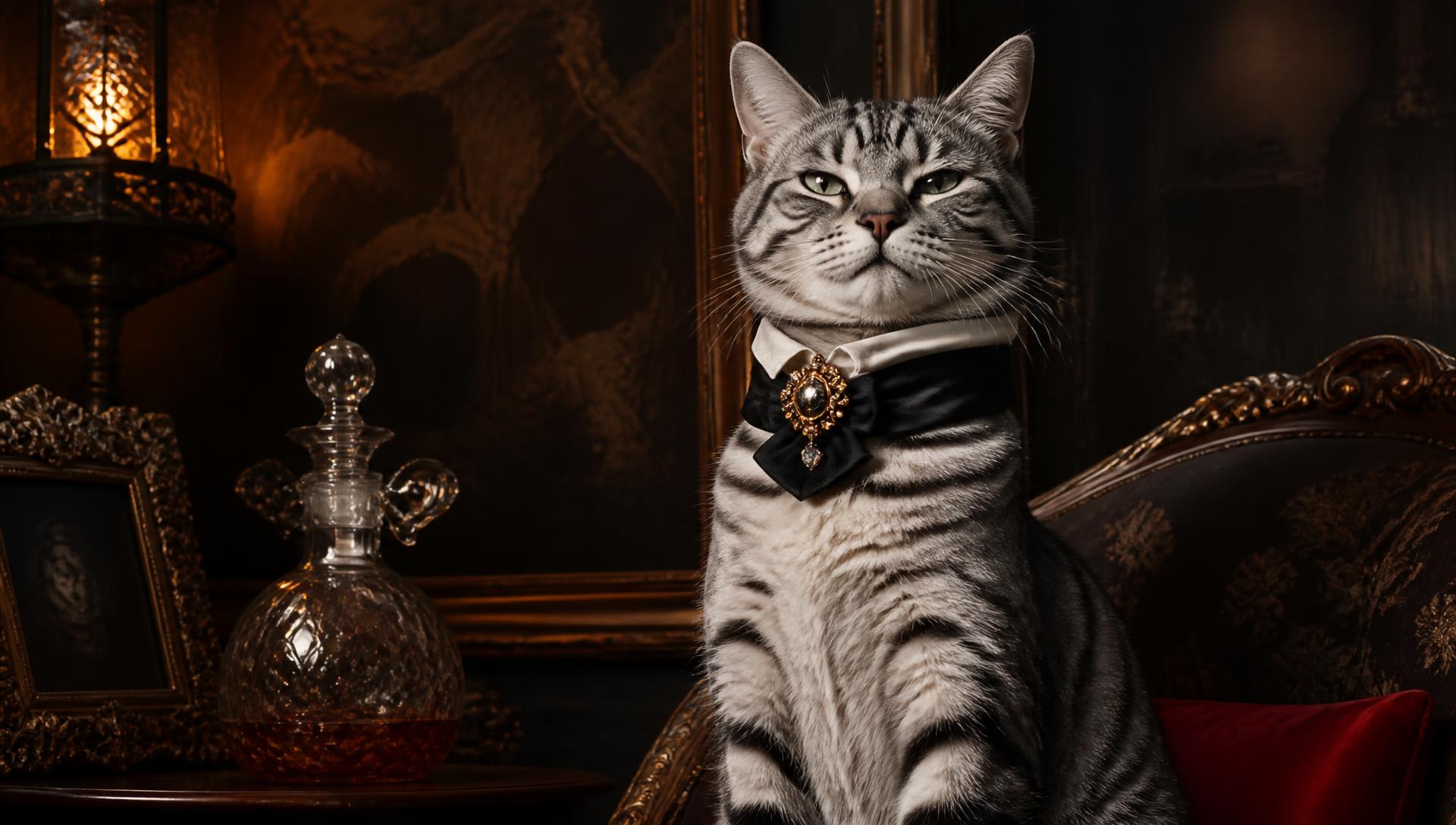 An extremely sophisticated silver tabby cat in a bow tie